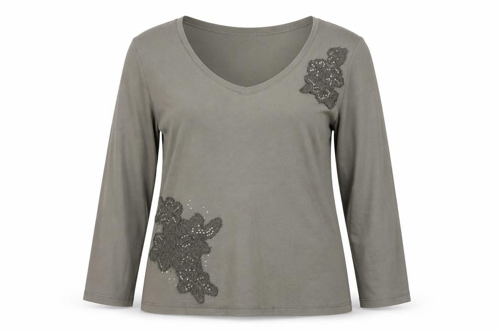 Marks & Spencer Women’s Grey Embellished 3/4 Sleeve Cotton T-Shirt Size M