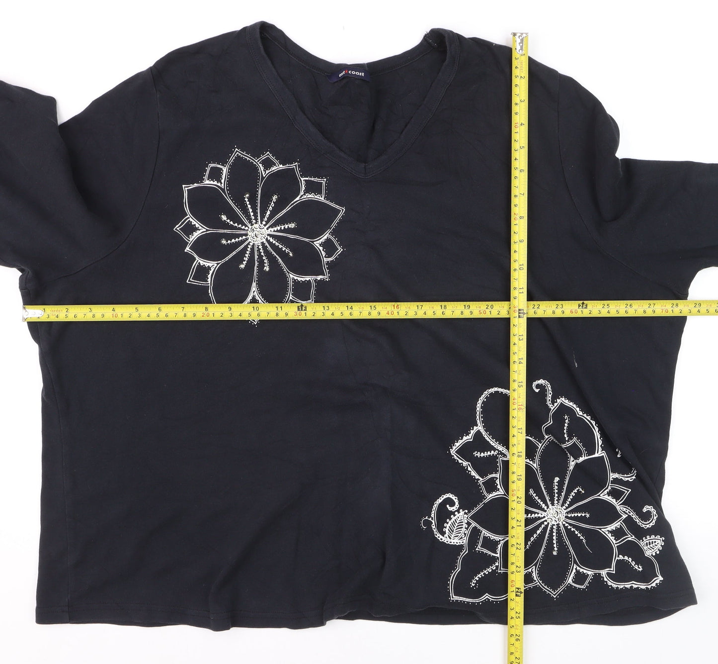 East Coast Women's Black Beaded Floral 3/4 Sleeve V-Neck Cotton T-Shirt Size 18