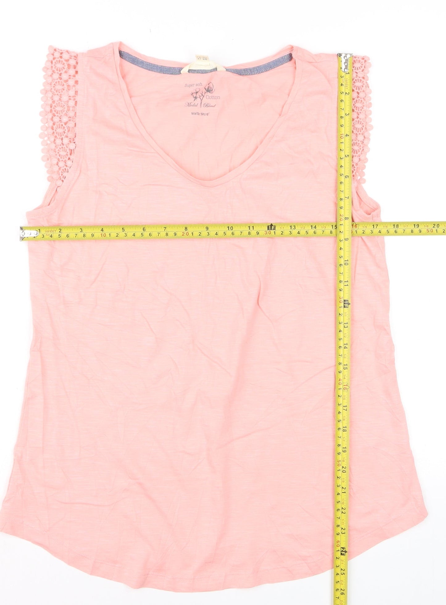 White Stuff Womens Pink Crochet Sleeve V-Neck Cotton Modal T-Shirt UK 14