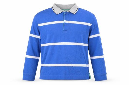 Next Men's Blue Striped Long Sleeve Polo Shirt Size S Cotton