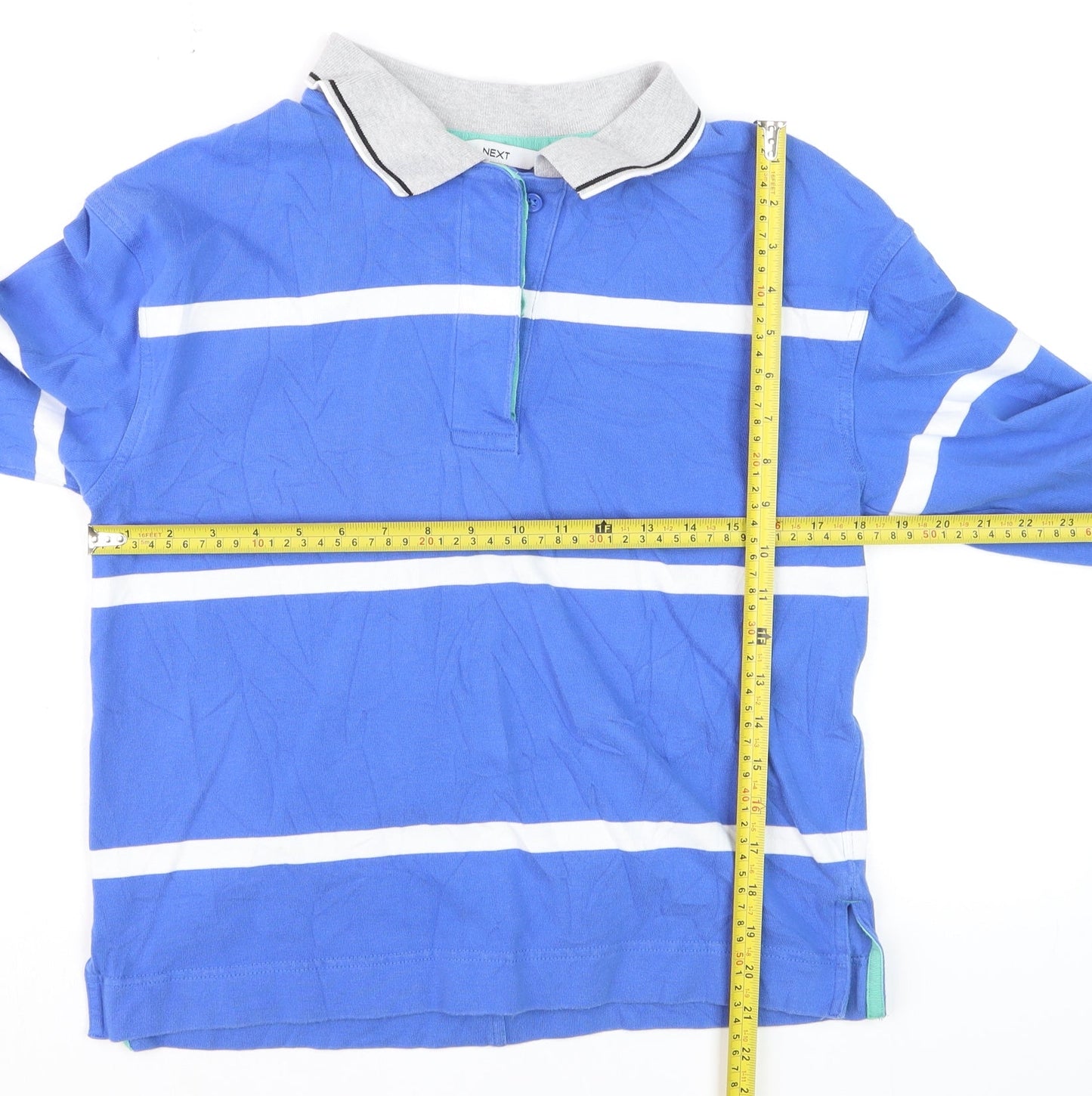 Next Men's Blue Striped Long Sleeve Polo Shirt Size S Cotton