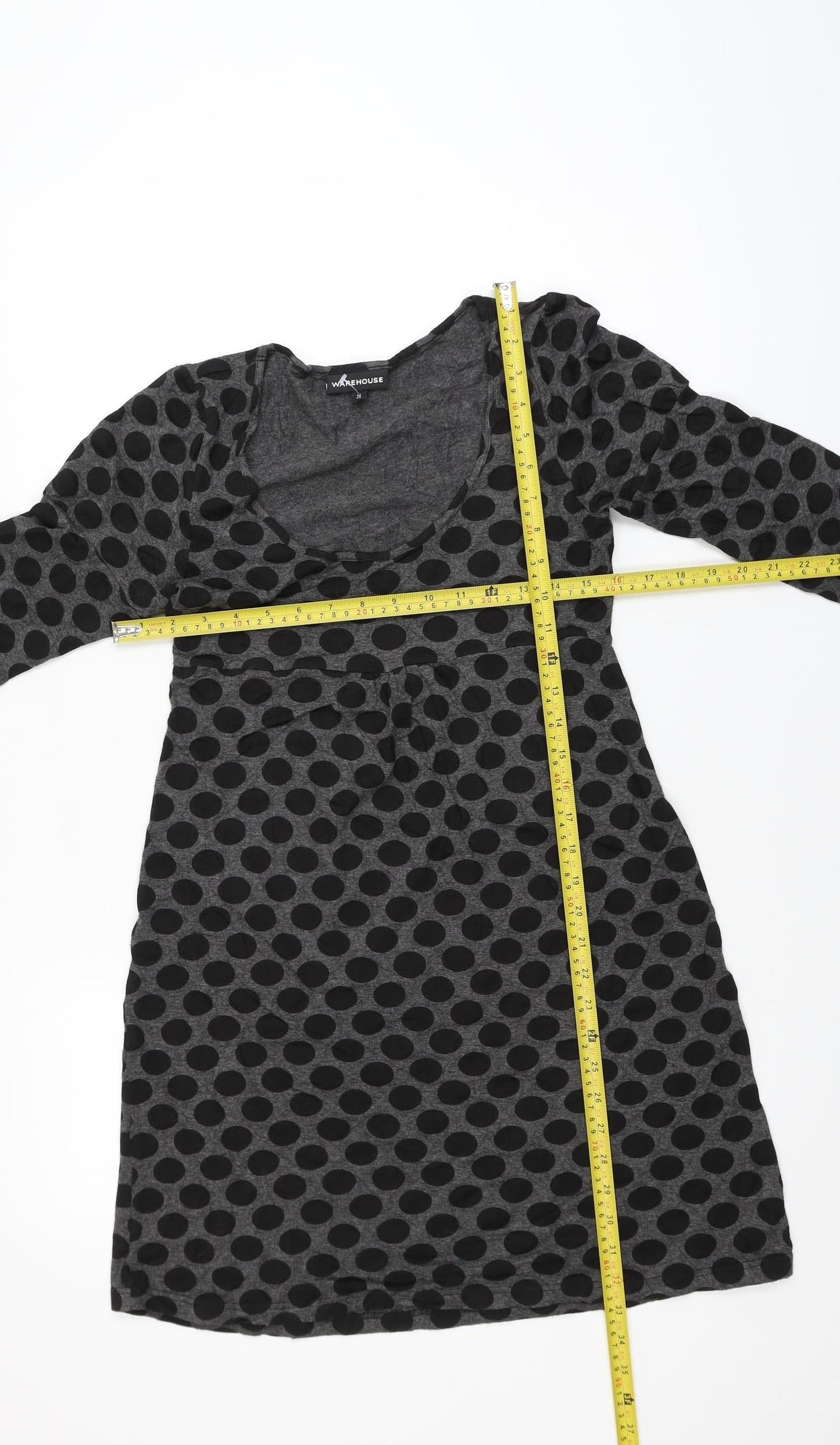 Warehouse Women Grey Polka Dot Shift Dress Size 12 Long Sleeve