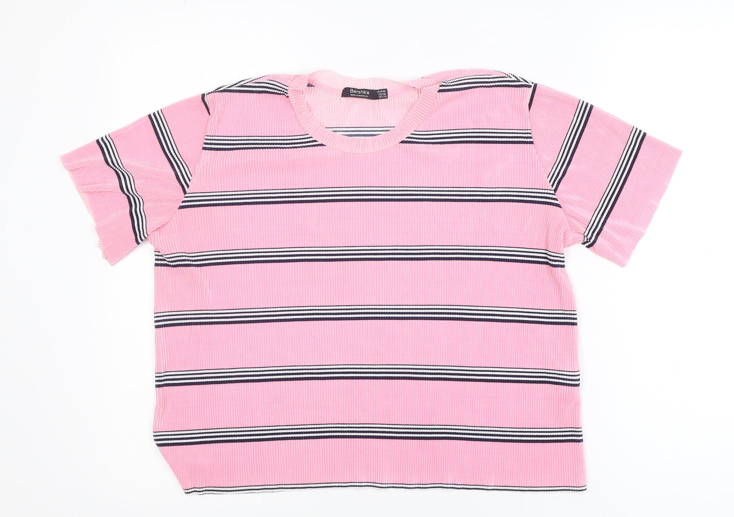 Bershka Women's Pink Striped Short Sleeve Basic T-Shirt Size 12