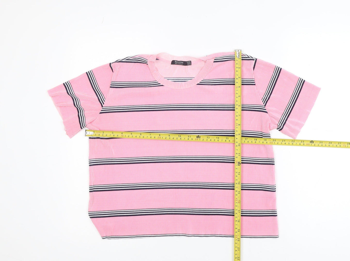 Bershka Women's Pink Striped Short Sleeve Basic T-Shirt Size 12