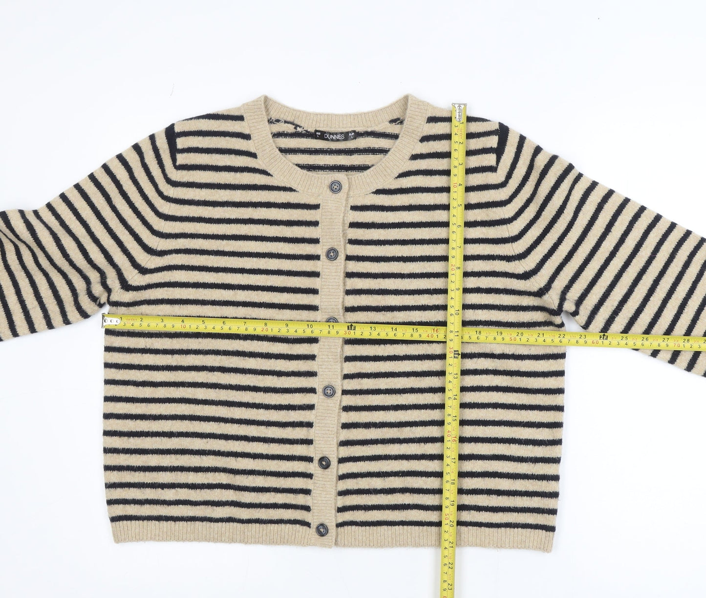 Dunnes Women Beige Stripe Knit Cardigan L Long Sleeve