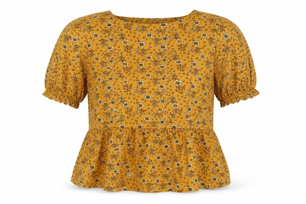 EXACT Womens Yellow Floral Tunic Blouse XL Short Sleeve V-Neck