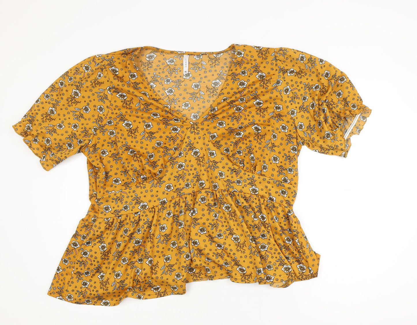 EXACT Womens Yellow Floral Tunic Blouse XL Short Sleeve V-Neck
