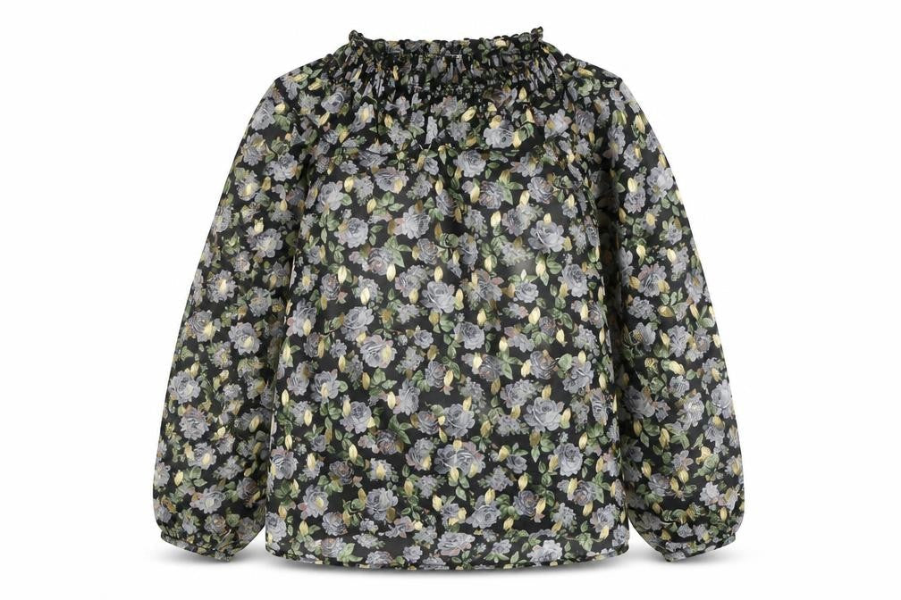 Truly Charlotte Women's Black Floral Ruffle Neck Long Sleeve Blouse Size M