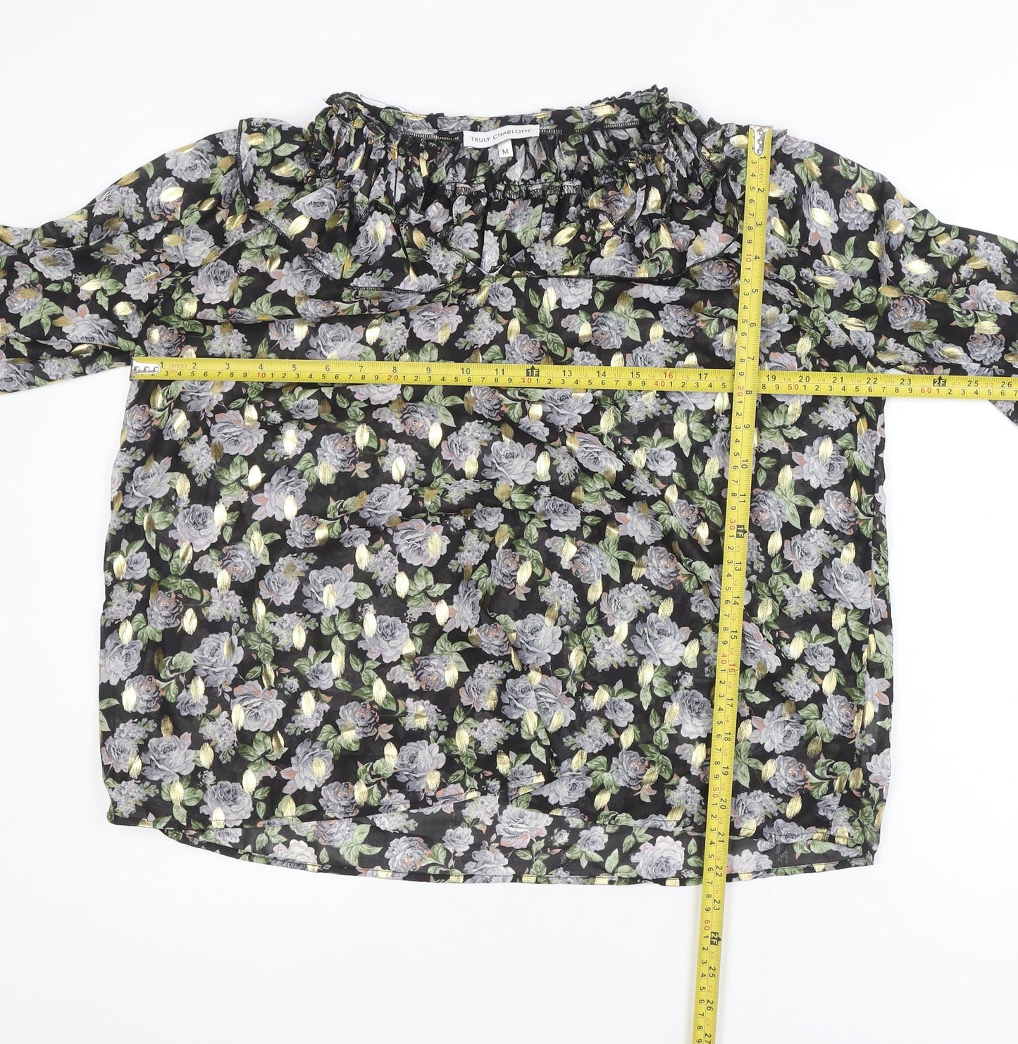 Truly Charlotte Women's Black Floral Ruffle Neck Long Sleeve Blouse Size M
