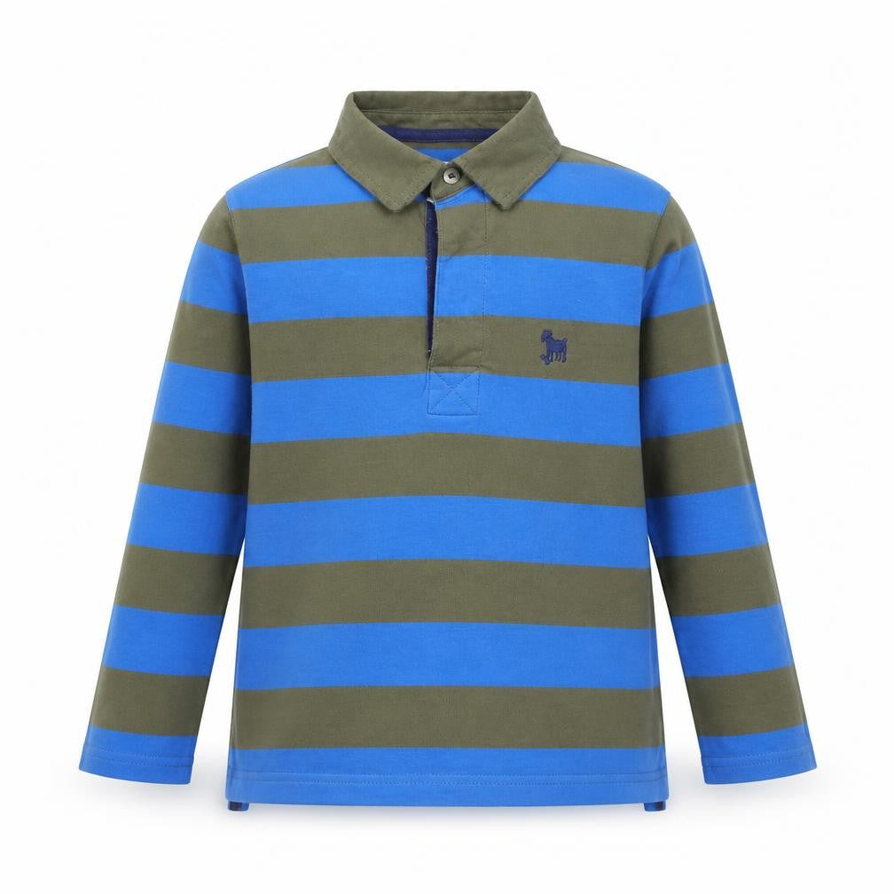 Mini Boden Boys Blue & Khaki Striped Long Sleeve Polo Shirt 6-7 Years