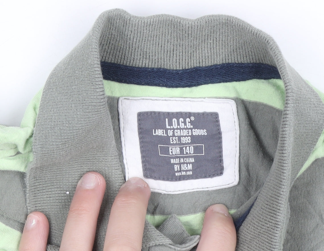 H&M Boys Green Striped Polo Shirt 12-13 Years 100% Cotton Jersey
