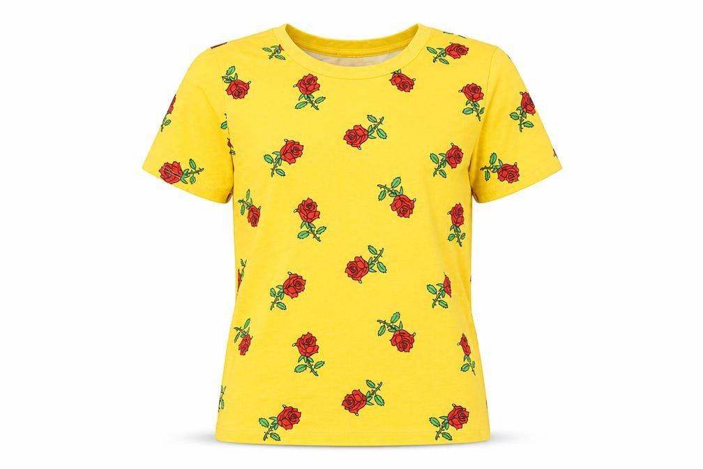 Forever 21 Women's Yellow Floral Rose Print Cotton T-Shirt Size S