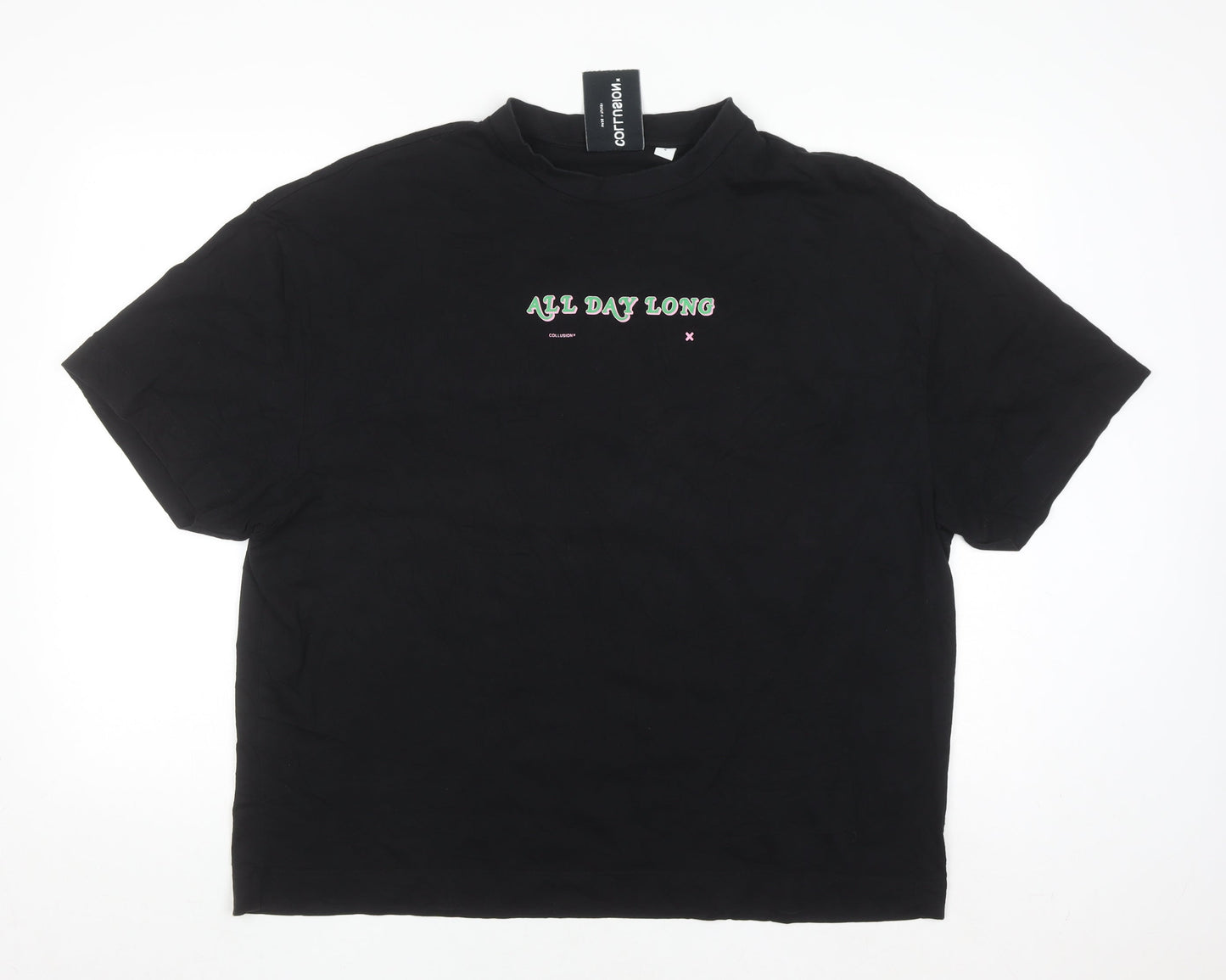 Collusion Men's Black Graphic 'All Day Long' T-Shirt Medium