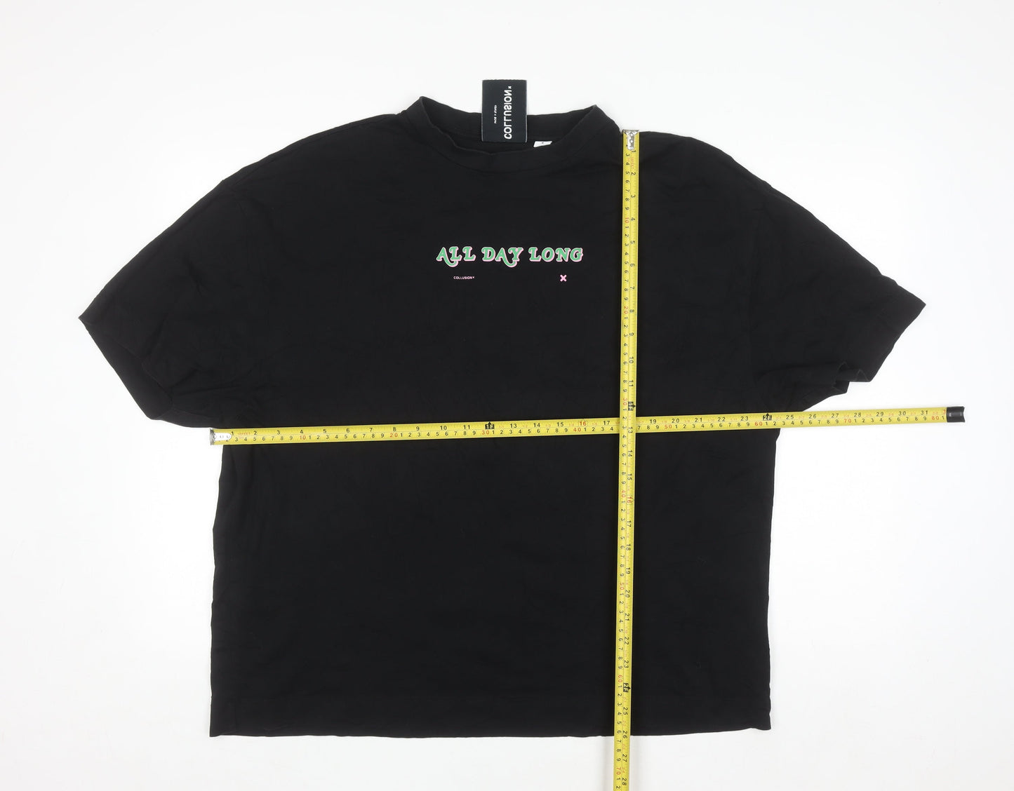 Collusion Men's Black Graphic 'All Day Long' T-Shirt Medium