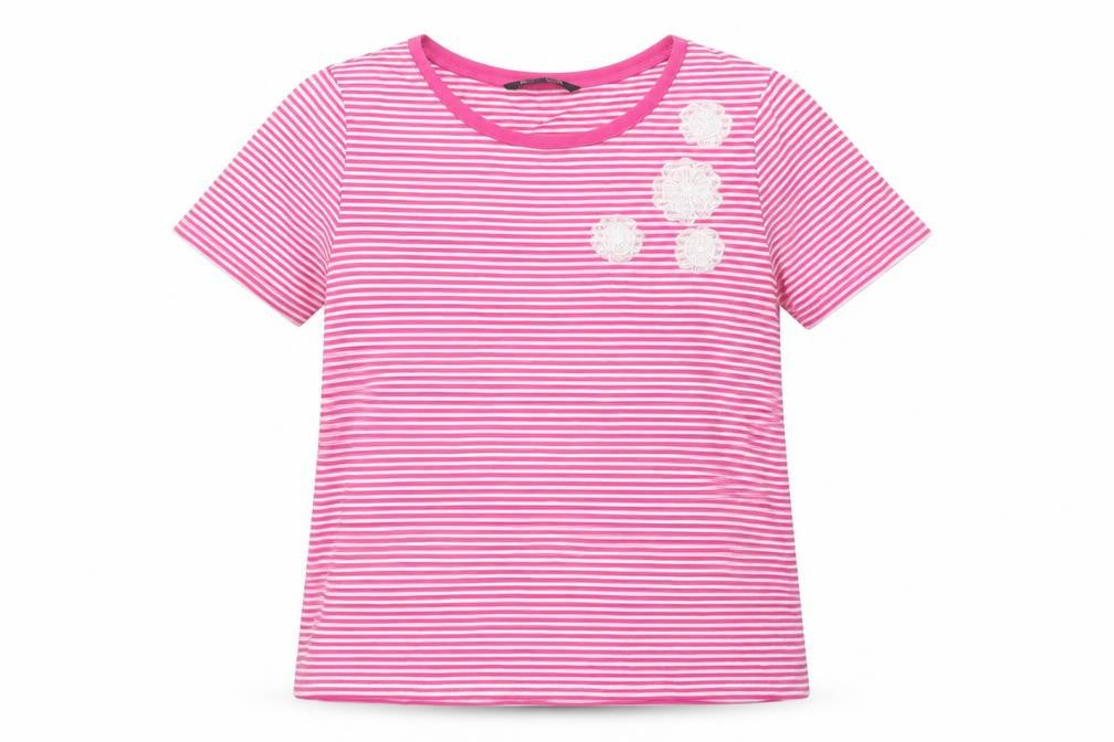 Bonmarché Women Pink Striped Embroidered Short Sleeve T-Shirt Size 18
