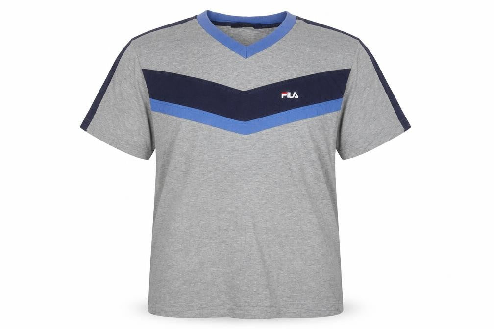 FILA Men's Grey V-Neck Colourblock Sports T-Shirt Size L