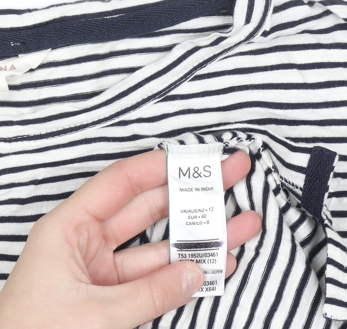 Marks and Spencer Per Una Women's Blue Striped Long Sleeve Cotton T-Shirt Size 12