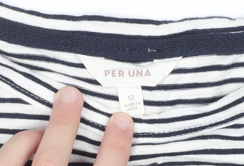 Marks and Spencer Per Una Women's Blue Striped Long Sleeve Cotton T-Shirt Size 12