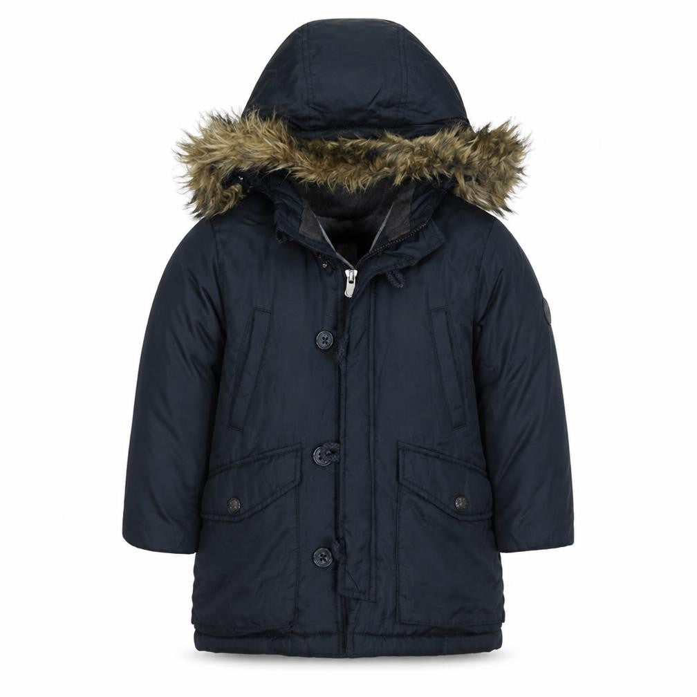 Gap Boys Black 2 Years Hooded Down Winter Parka Coat with Faux Fur Trim