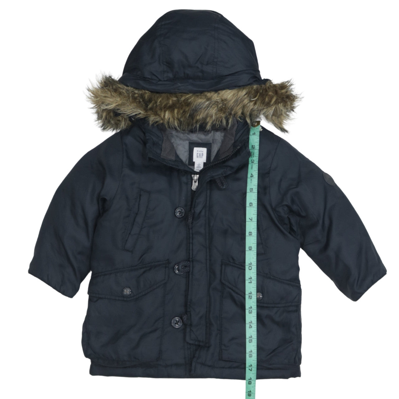 GAP Boys Black 2 Years Hooded Down Winter Parka Coat with Faux Fur Trim