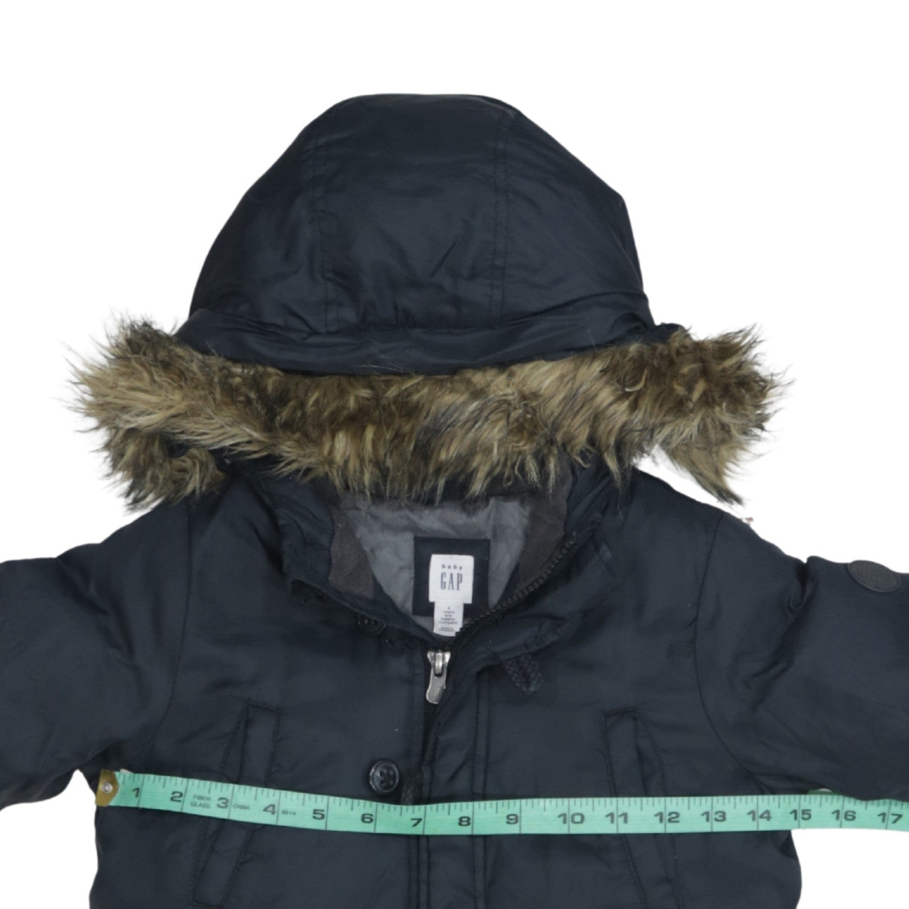 GAP Boys Black 2 Years Hooded Down Winter Parka Coat with Faux Fur Trim