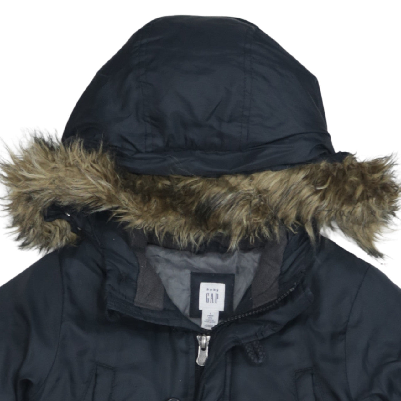 GAP Boys Black 2 Years Hooded Down Winter Parka Coat with Faux Fur Trim