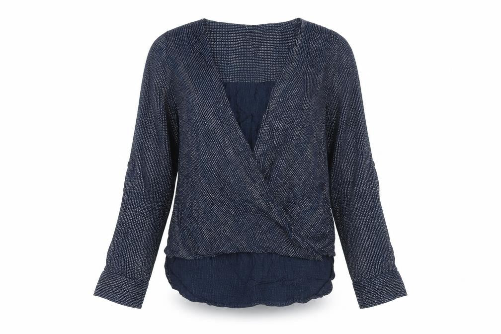 Maison de Nimes Women's Blue Wrap Blouse Size 8 Viscose Long Sleeve