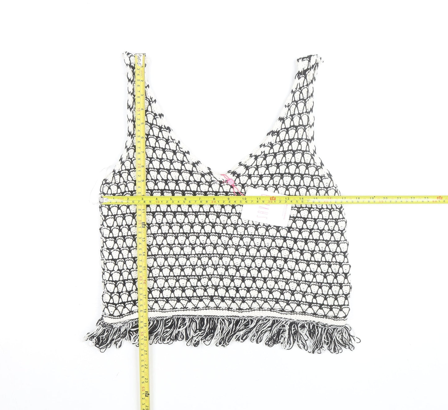 Savida Women Black Crochet Knit Fringe Cropped Tank Top Size 12