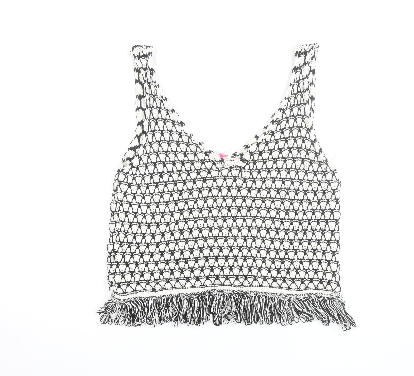Savida Women Black Crochet Knit Fringe Cropped Tank Top Size 12