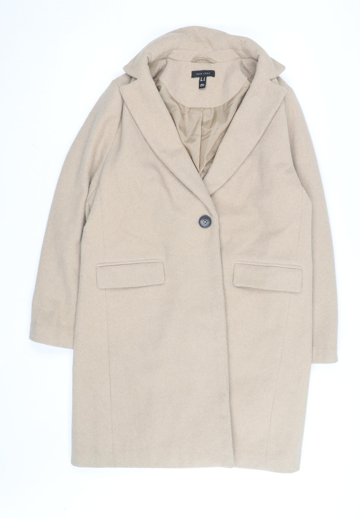 New Look Women’s Beige Long Overcoat UK 14 Lined Button Classic Style
