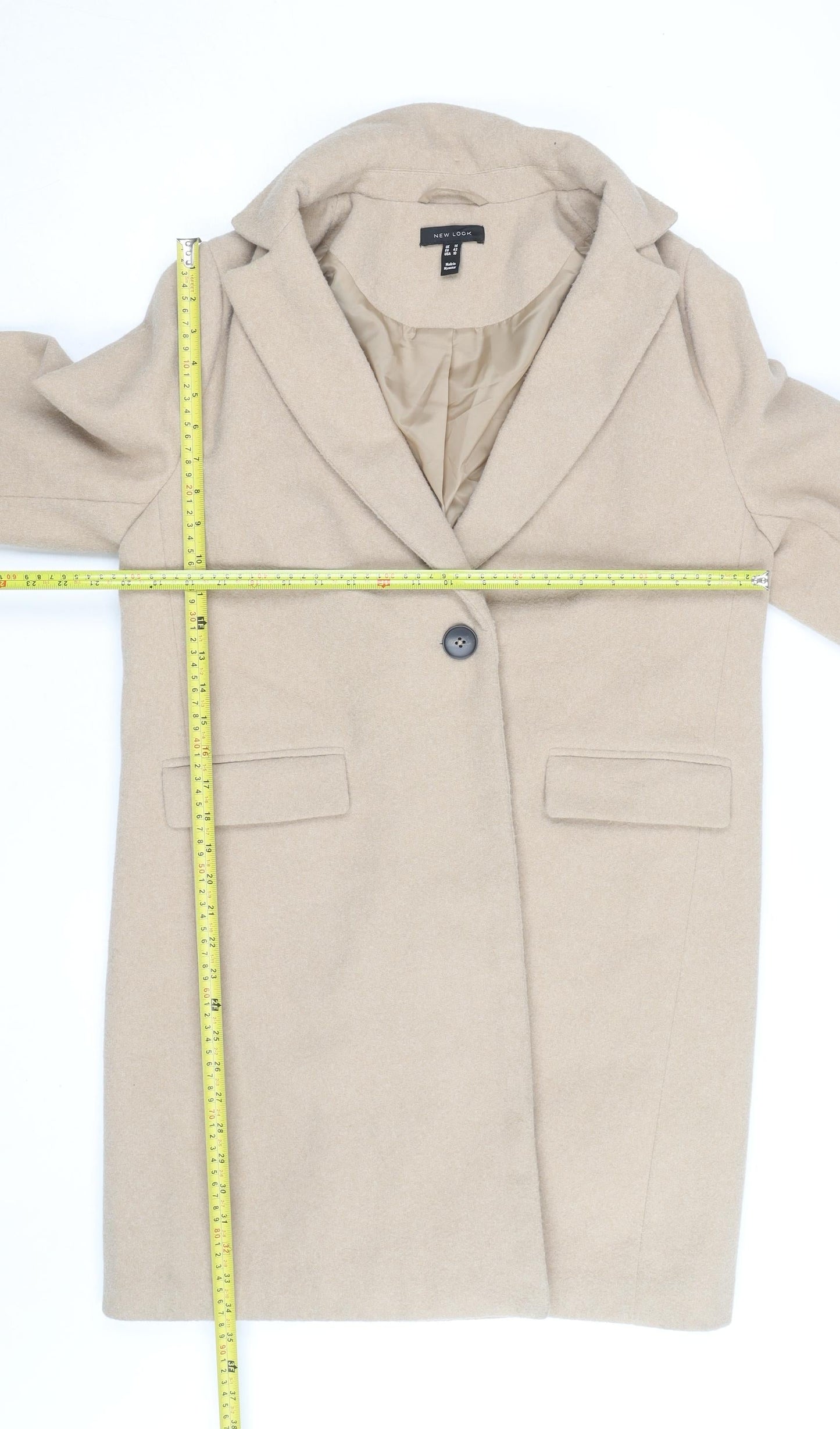 New Look Women’s Beige Long Overcoat UK 14 Lined Button Classic Style