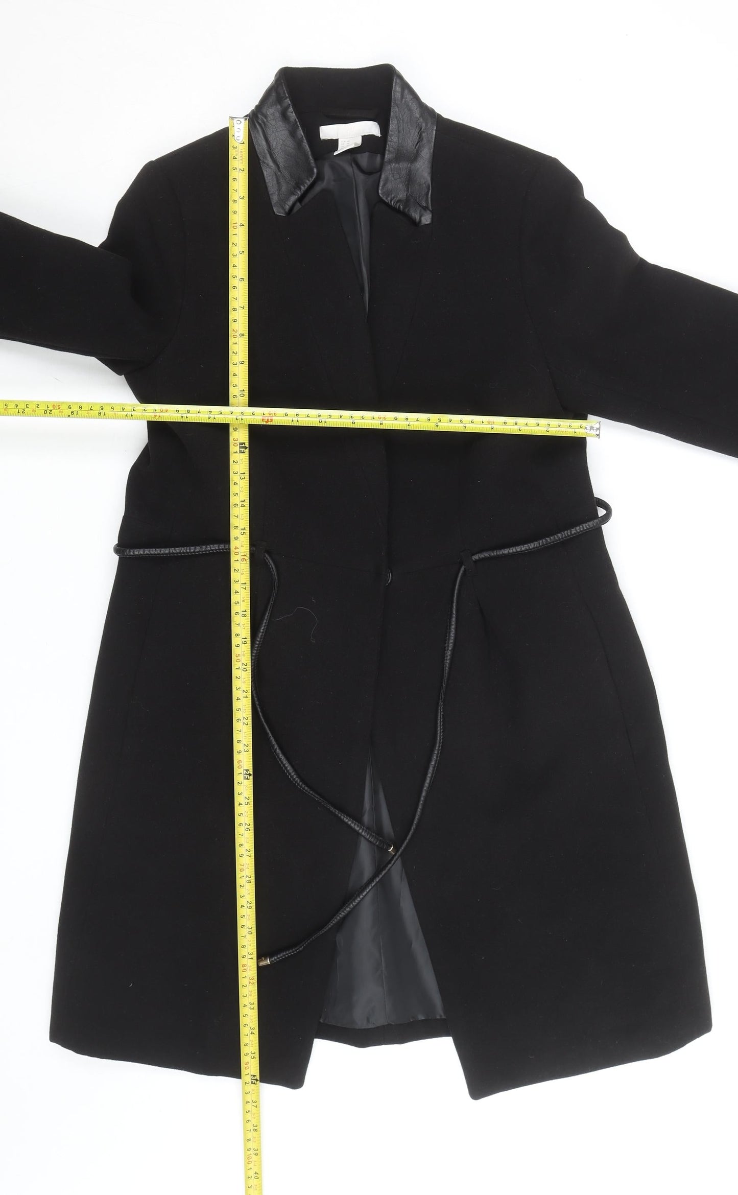 H&M Women's Black Wool Overcoat with Faux Leather Trim Size 12