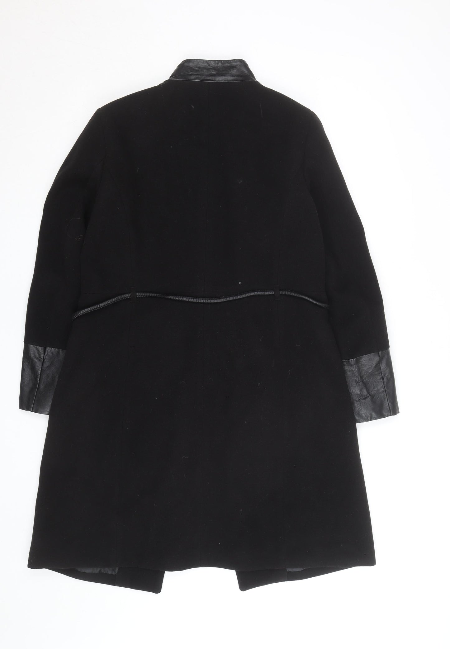 H&M Women's Black Wool Overcoat with Faux Leather Trim Size 12