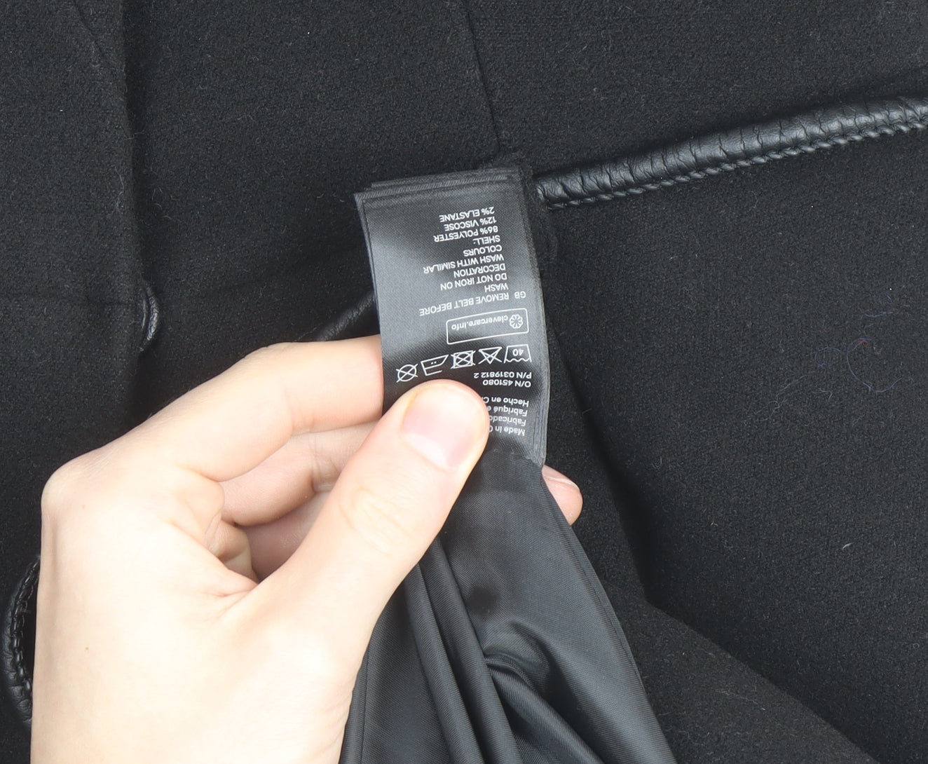 H&M Women's Black Wool Overcoat with Faux Leather Trim Size 12