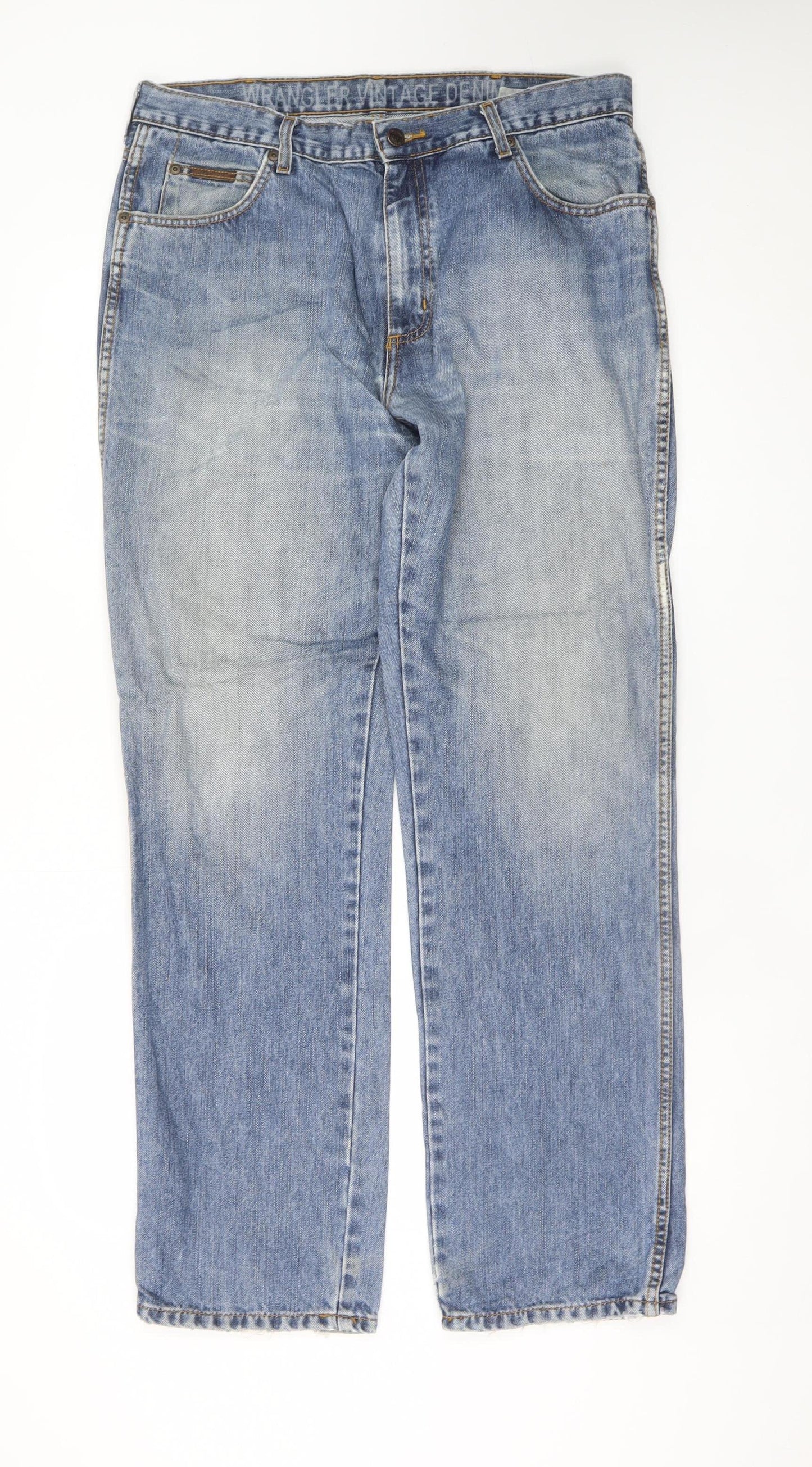 Wrangler Men Blue Vintage Straight Denim Jeans 35W 32L Cotton
