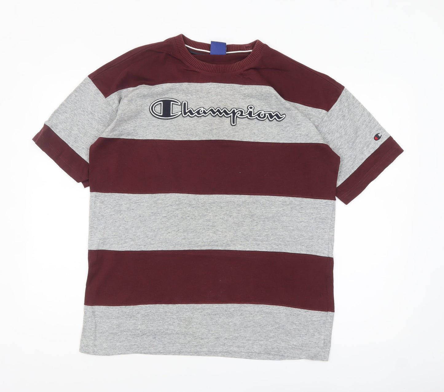 Champion Men's Grey & Red Striped Crew Neck Short Sleeve T-Shirt Size S