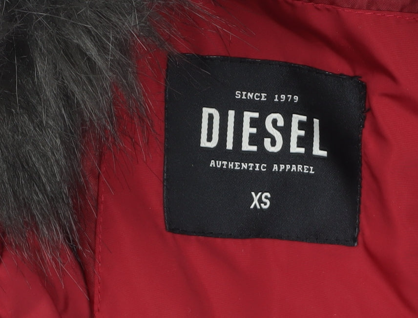 Diesel Womens Red XS Puffer Jacket Faux Fur Hood Winter Coat