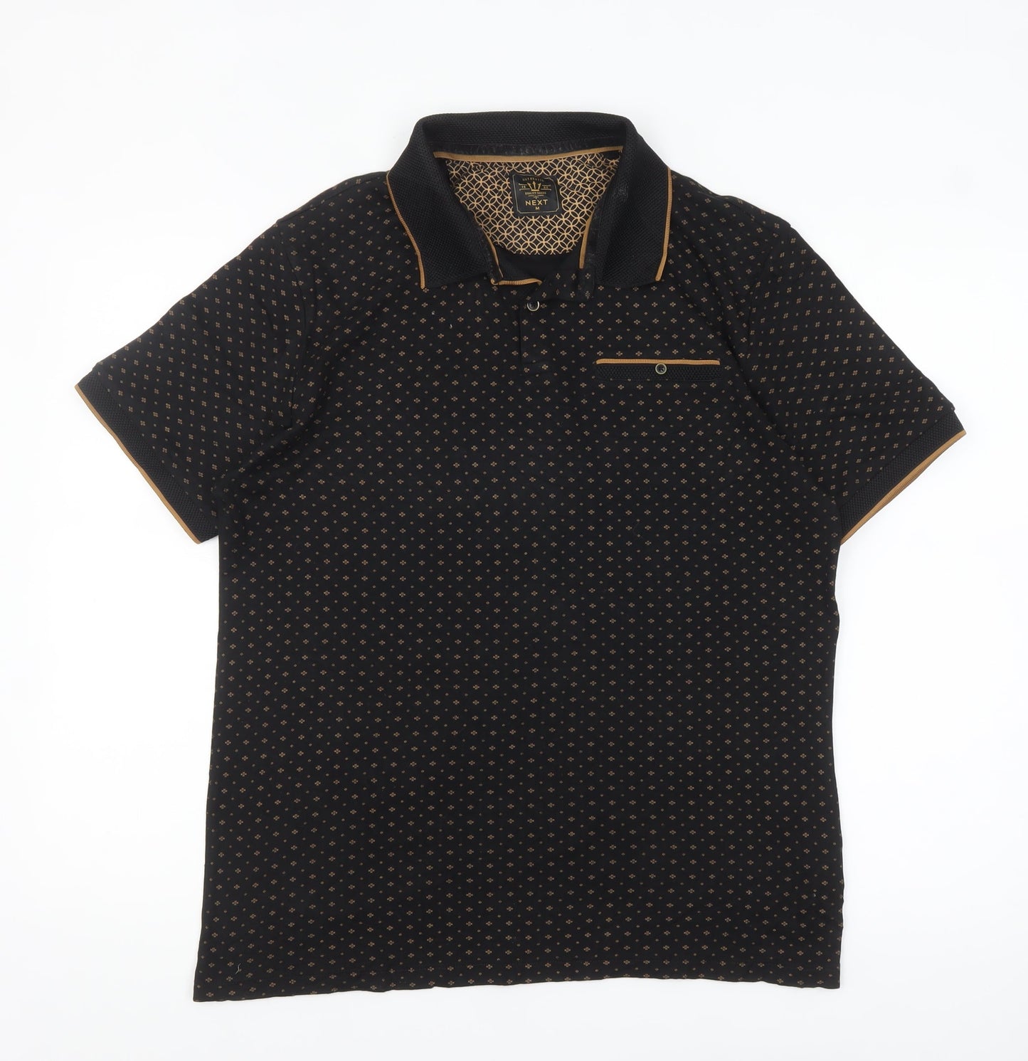 Next Men's Black Geometric Cotton Polo Shirt Size M