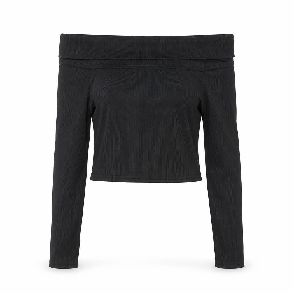 PRETTYLITTLETHING Womens Black Off Shoulder Cropped Long Sleeve Top Size 10