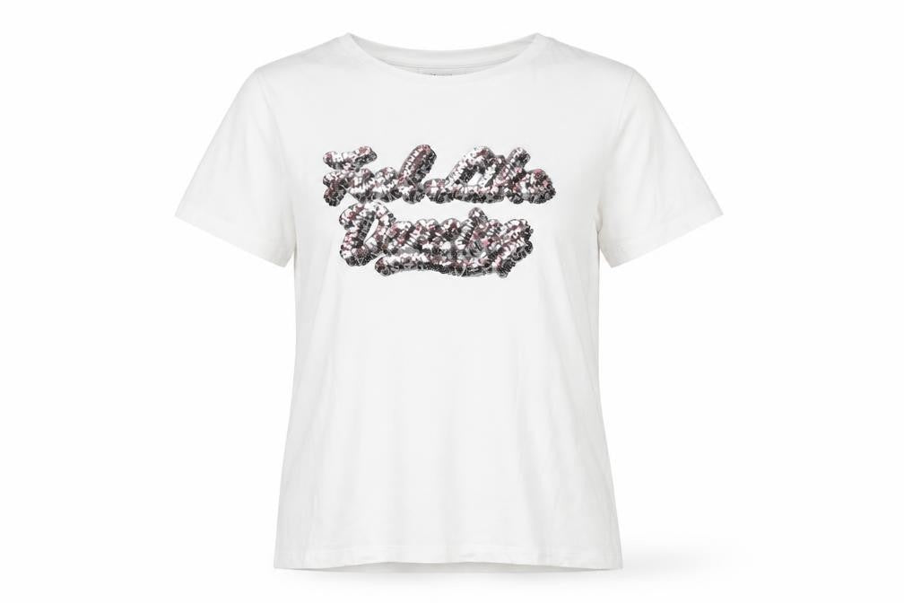 Pieces Women's White Sequin Slogan Cotton T-Shirt Size M