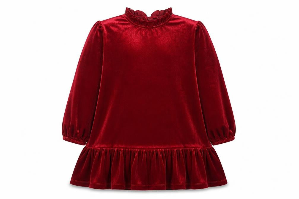 Front view of Dunnes girls’ red velvet ruffle long sleeve shift dress 8-9 years