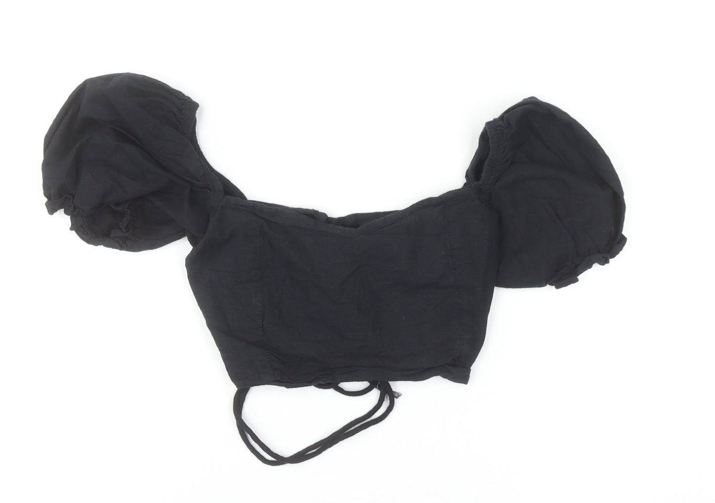 Motel Women's Black Cotton Cropped Puff Sleeve Blouse XS