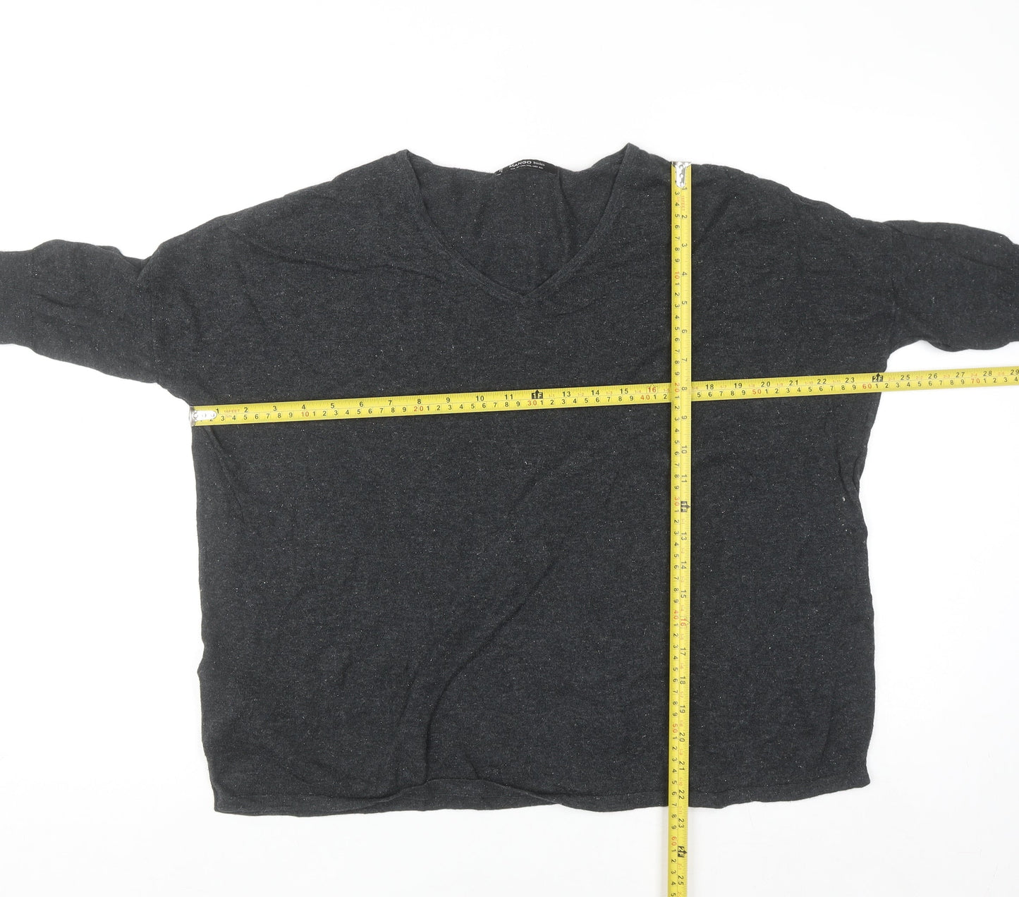 Mango Women's Grey V-Neck 3/4 Sleeve Cotton Pullover Jumper 2XS