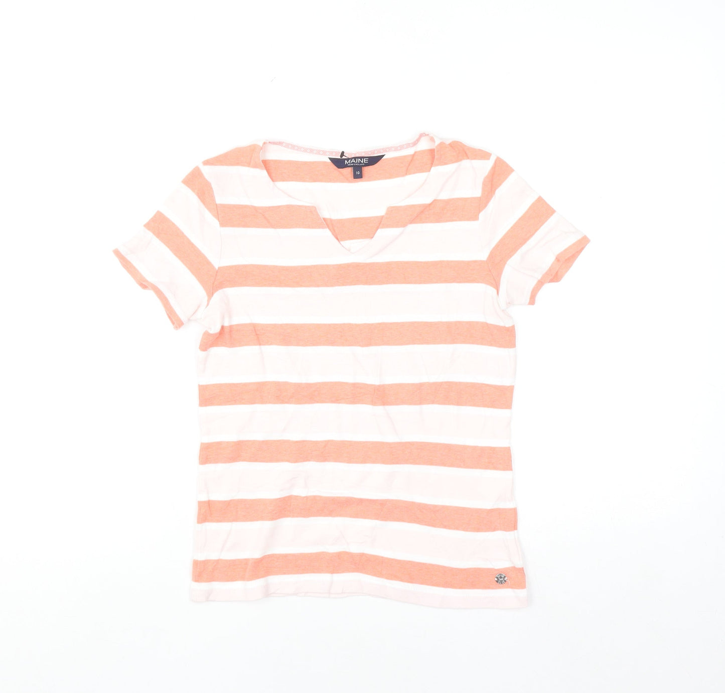 Maine New England Women's Orange White Striped Cotton V-Neck T-Shirt Size 10
