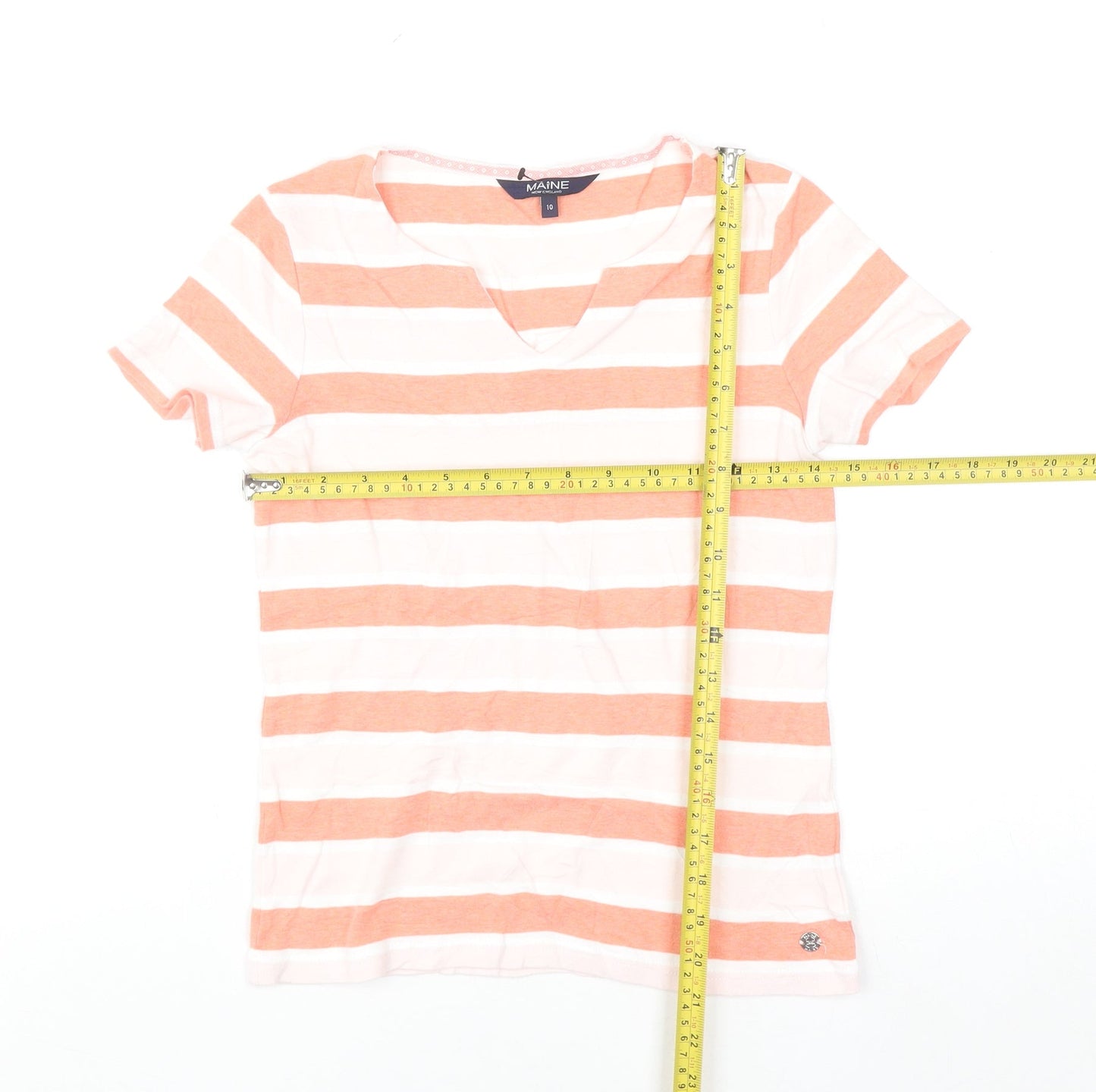 Maine New England Women's Orange White Striped Cotton V-Neck T-Shirt Size 10