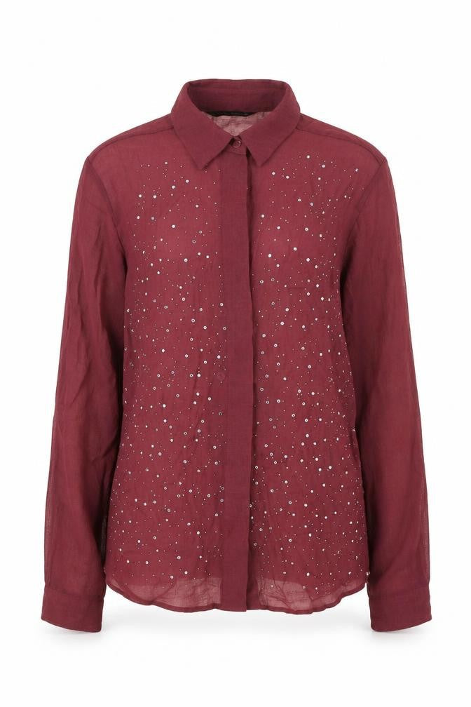 Zara Women Red Rhinestone Button-Up Long Sleeve Cotton Shirt XS