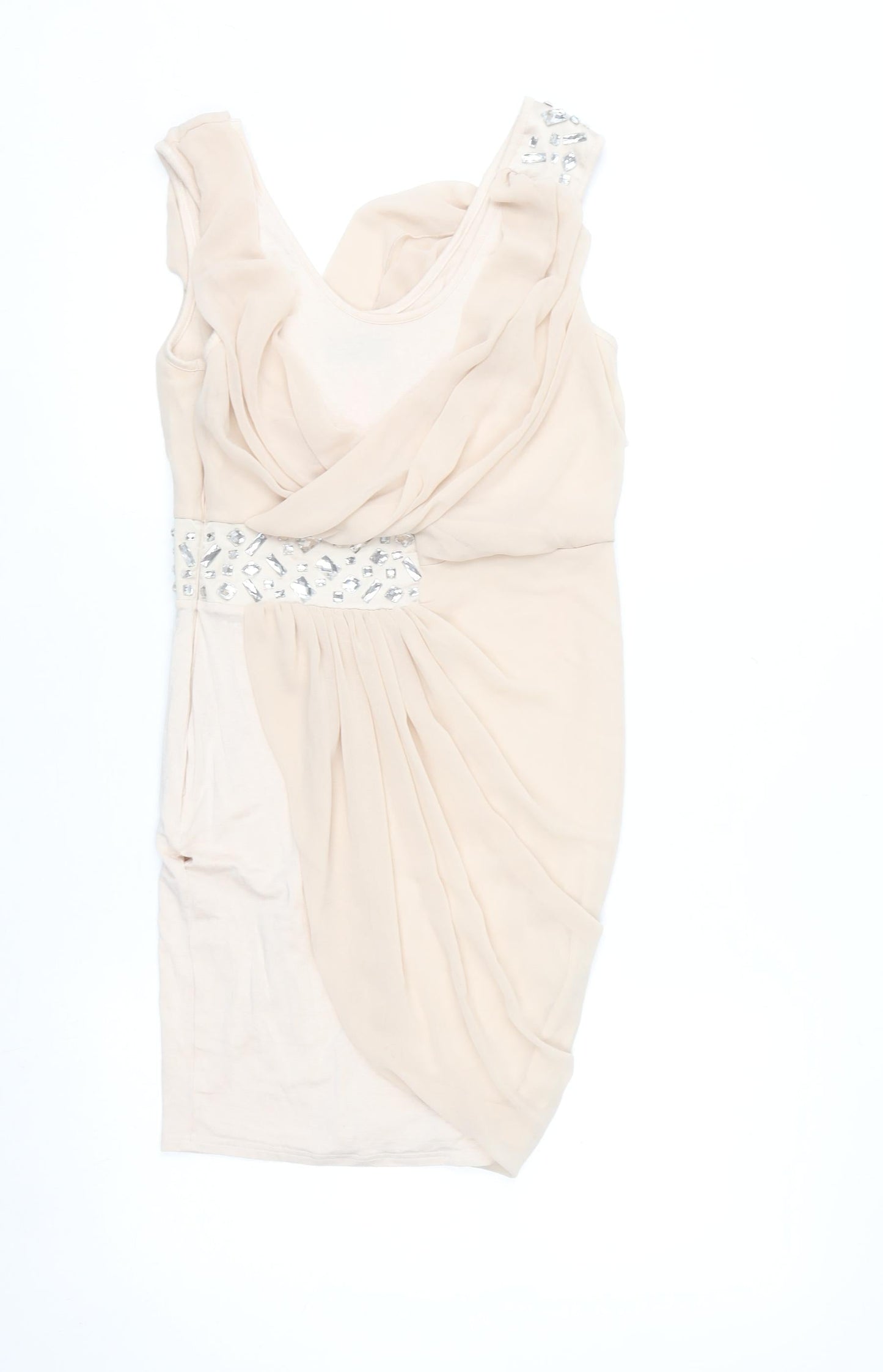 Lipsy Women Beige Beaded Bodycon Sleeveless Party Dress Size 8