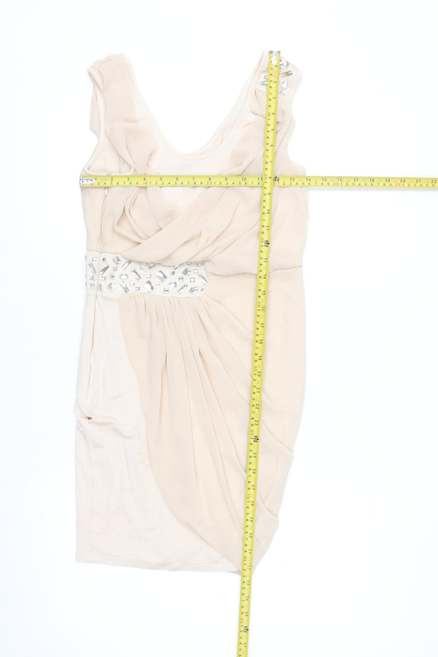 Lipsy Women Beige Beaded Bodycon Sleeveless Party Dress Size 8