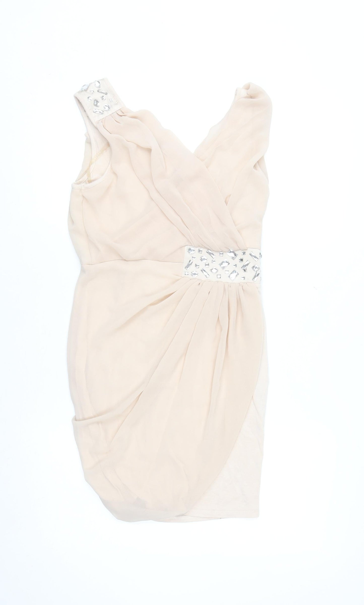 Lipsy Women Beige Beaded Bodycon Sleeveless Party Dress Size 8