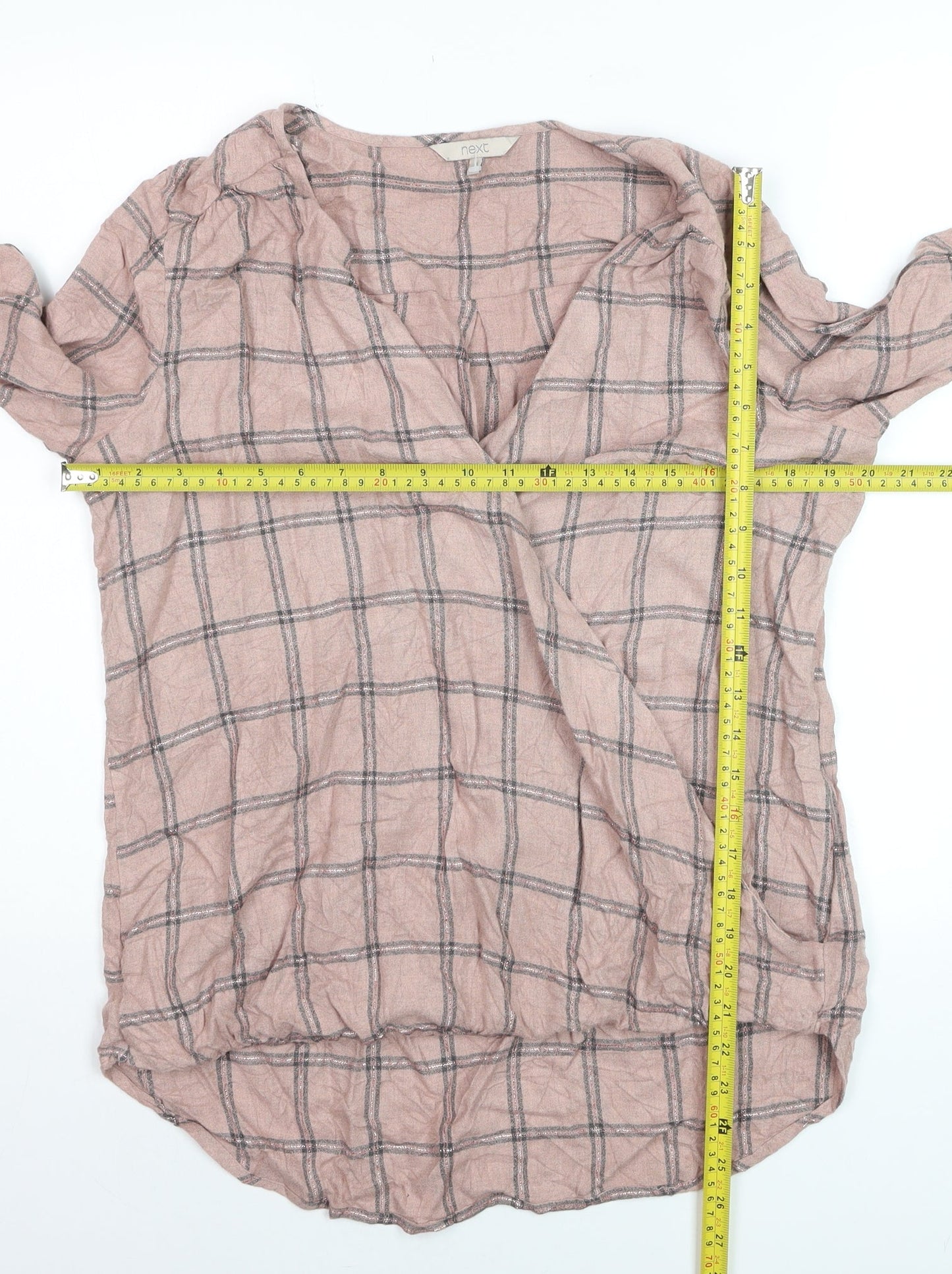 Next Women's Pink Check Wrap Blouse Size 14 Long Sleeve V-Neck
